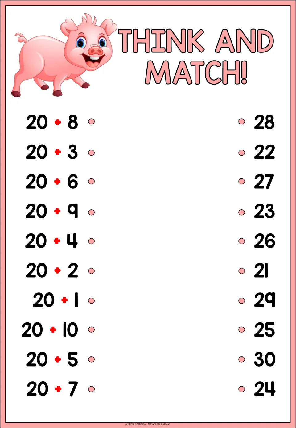 Think and Match! adding to 20: students match 10 sums such as 20 + 8 and 20 + 3 with shuffled answers from 21 to 30