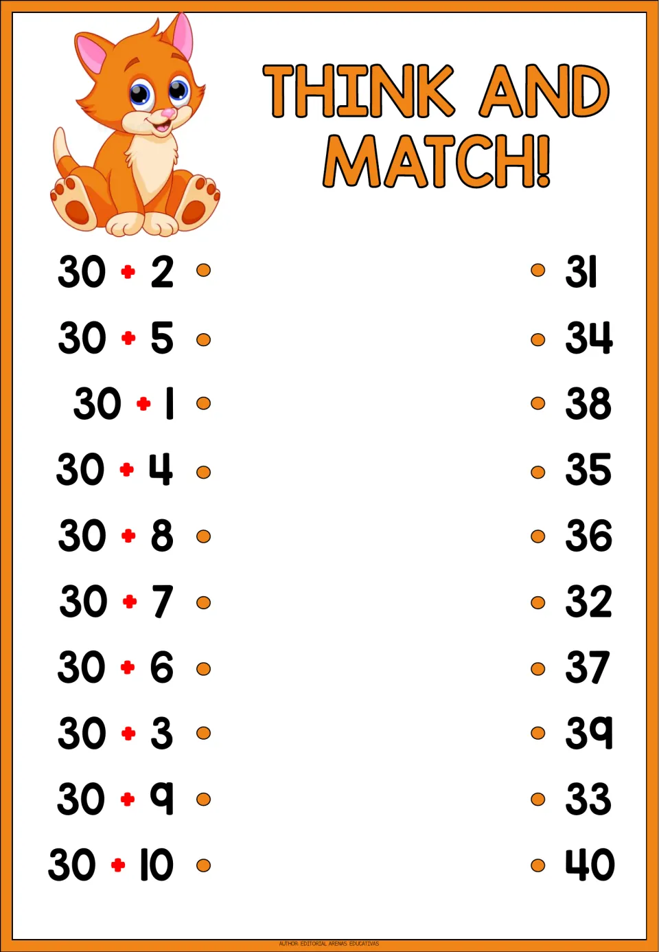 Think and Match! adding to 30: students link 30 + 1 through 30 + 10 to the correct total among 31 to 40 on the right