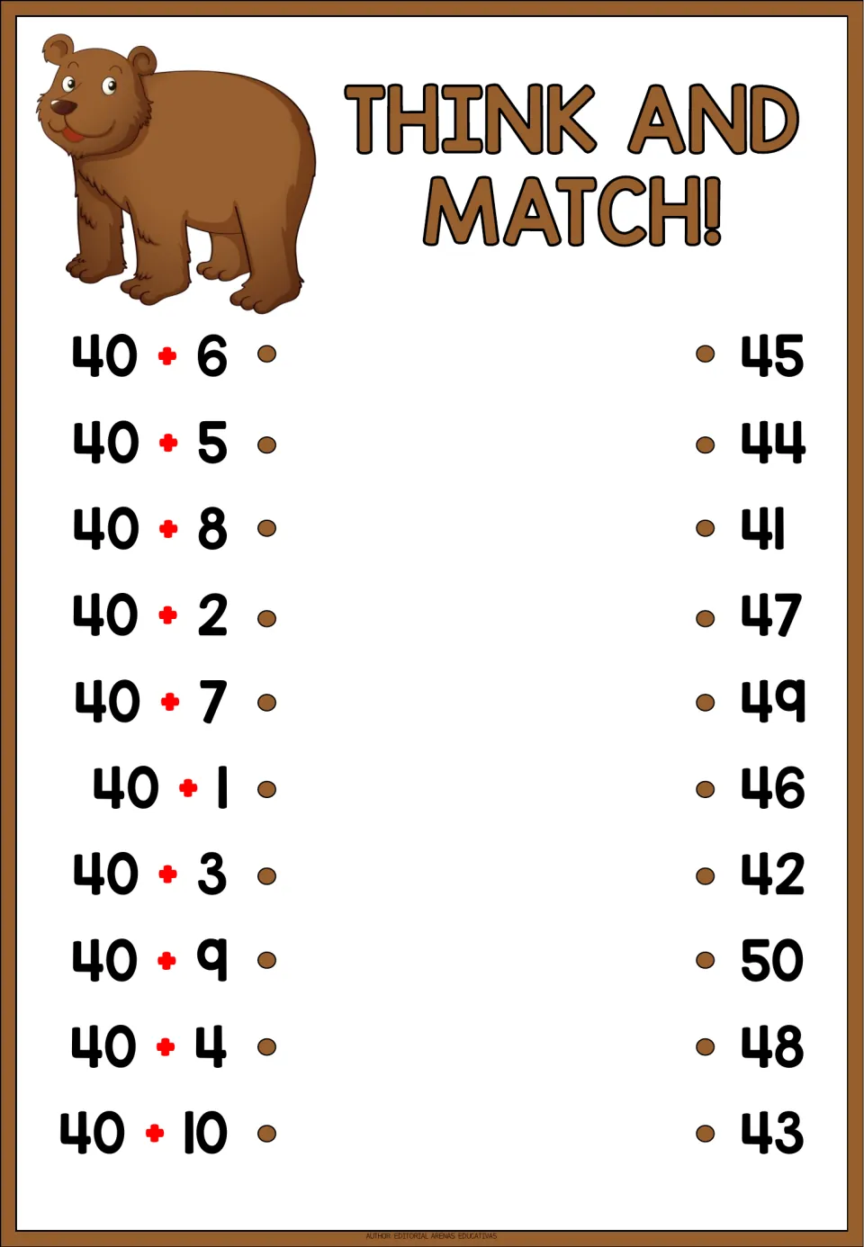 Think and Match! adding to 40: students join problems like 40 + 6 and 40 + 9 to matching answers between 41 and 50