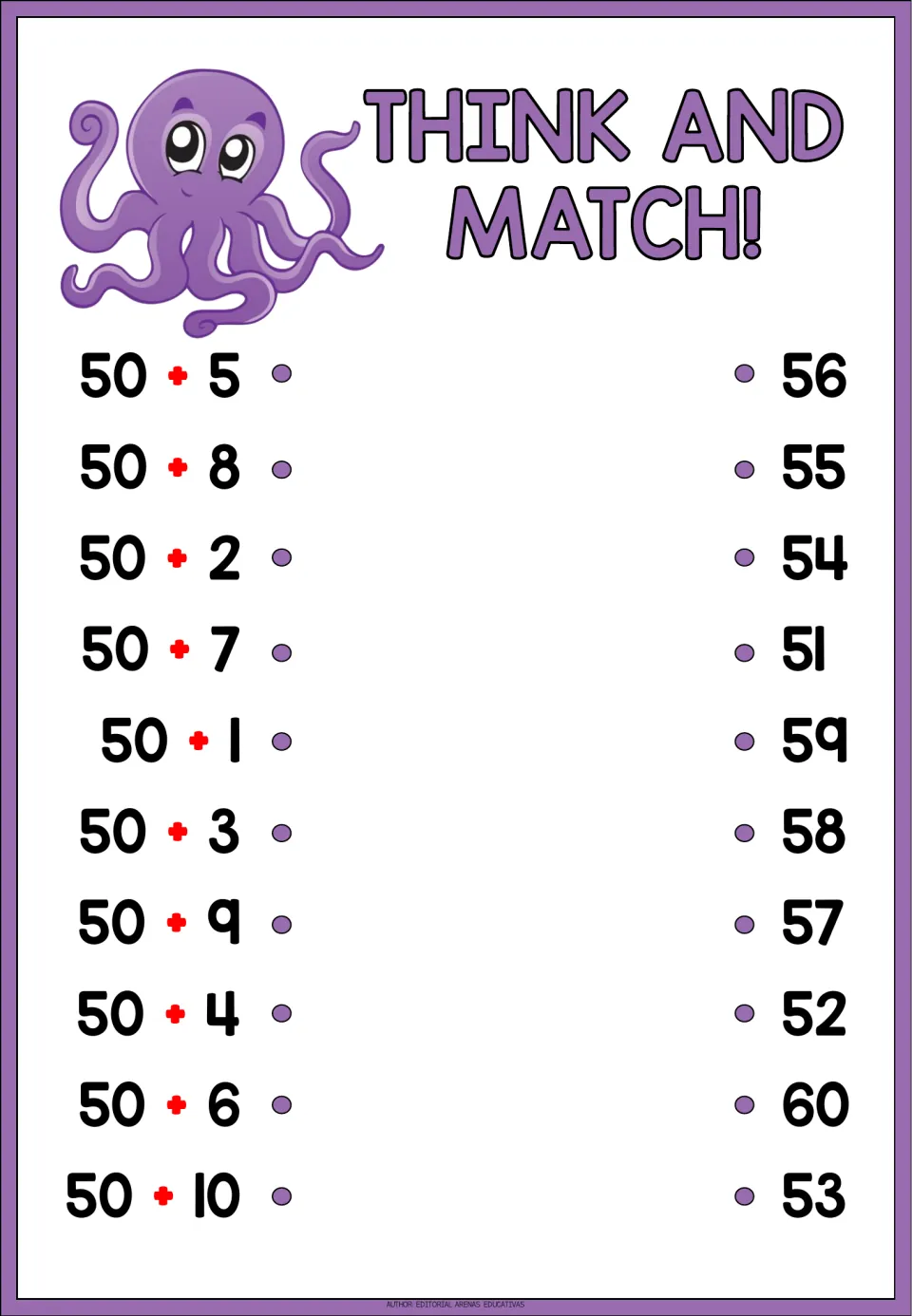Think and Match! adding to 50: students match 50 + 1 through 50 + 10 with sums from 51 to 60 listed out of order
