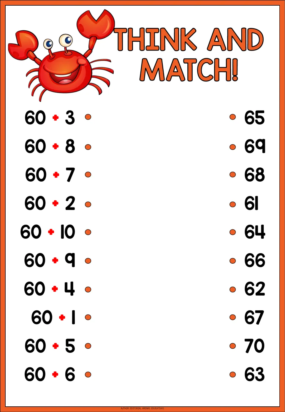 Think and Match! adding to 60: students connect facts such as 60 + 3 and 60 + 10 to their totals, 61 to 70