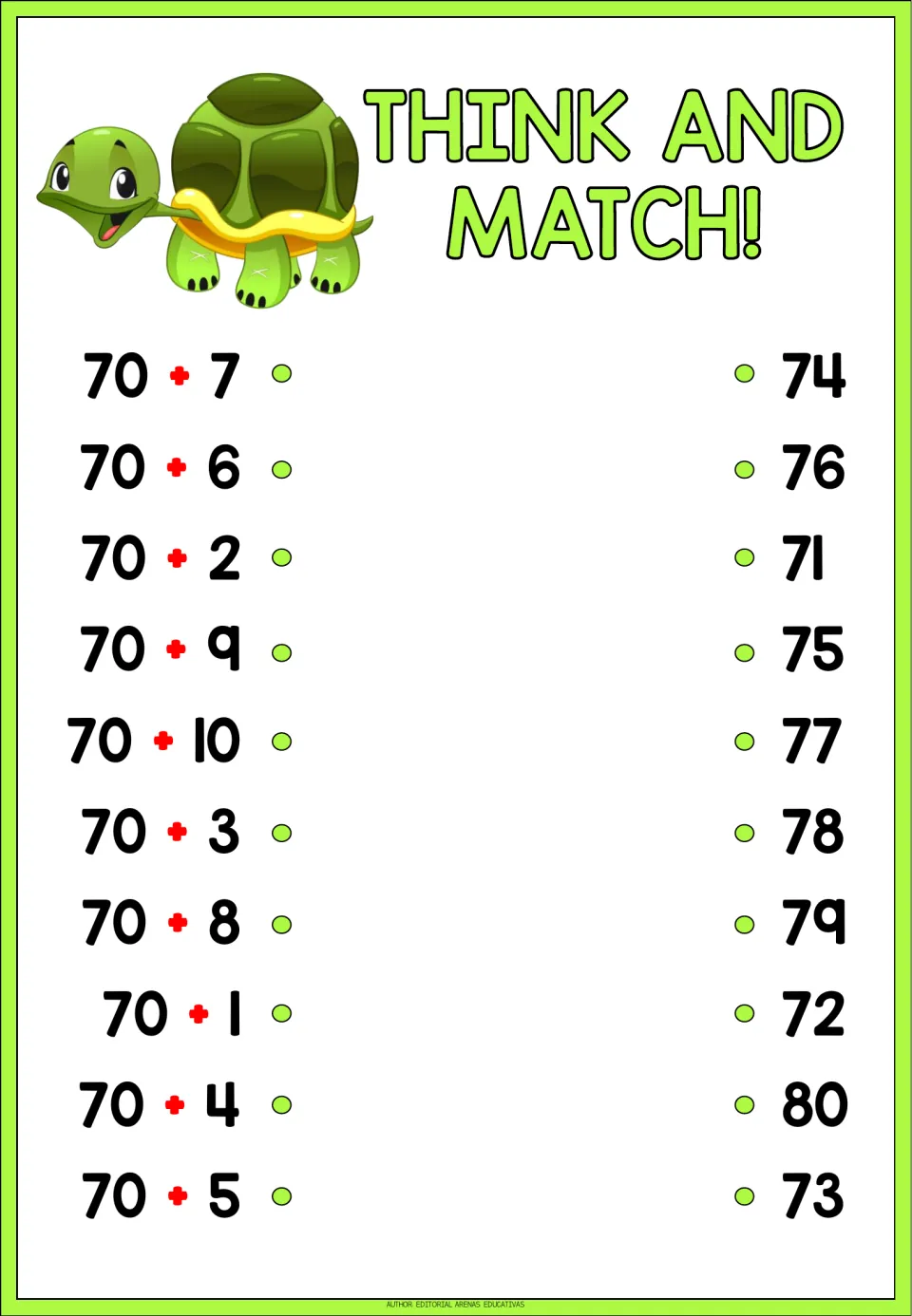 Think and Match! adding to 70: students draw a line from each problem, 70 + 1 to 70 + 10, to its sum from 71 to 80