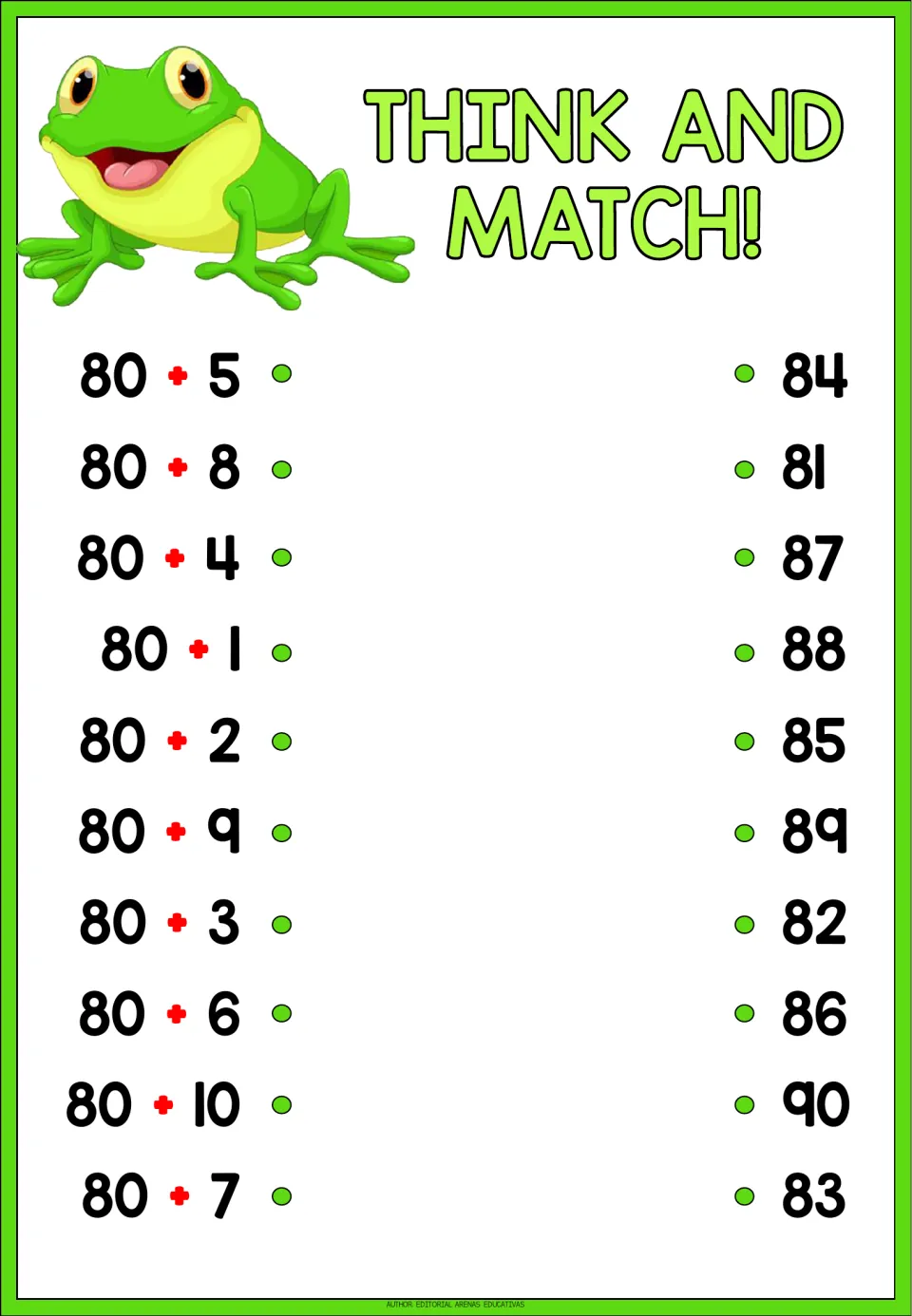 Think and Match! adding to 80: students pair 80 + 5, 80 + 10 and eight more facts with scrambled answers 81 to 90