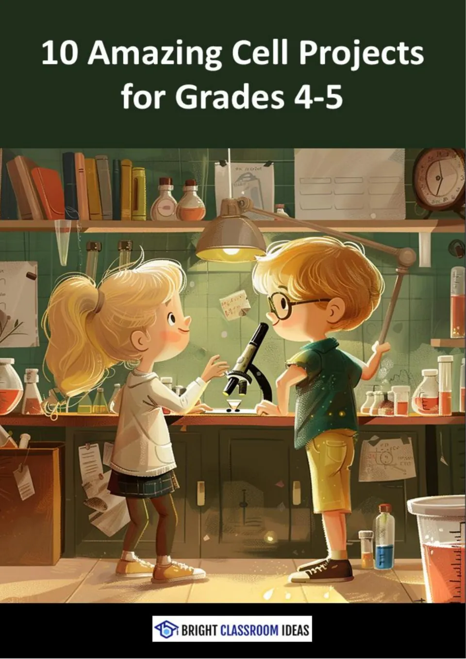 Cover of 10 Amazing Cell Projects for Grades 4-5 showing two children at a lab microscope, by Bright Classroom Ideas