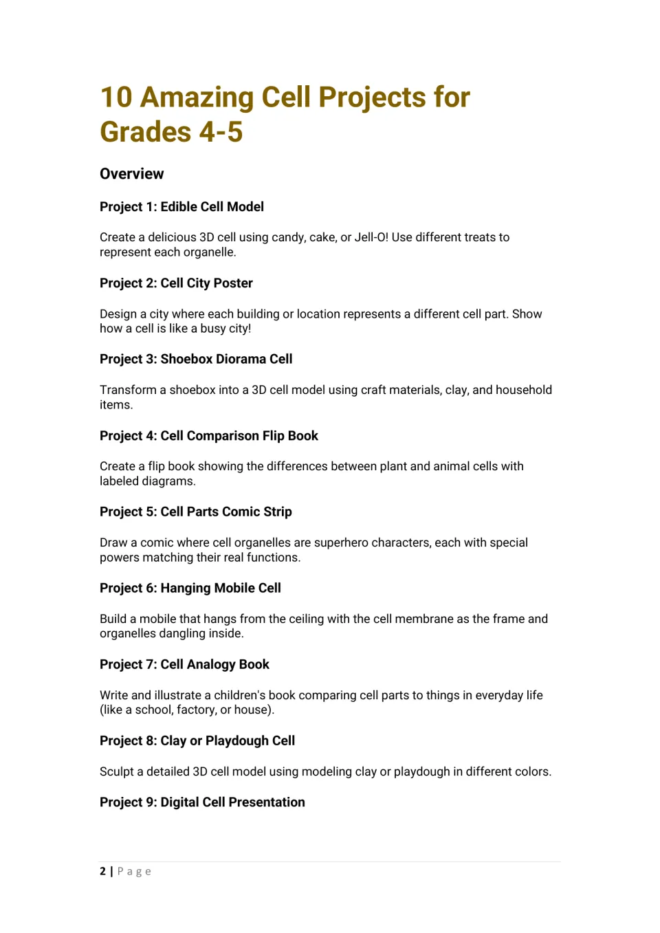 Cell project overview: projects 1-9 described, from an edible cell model and cell city poster to a digital presentation