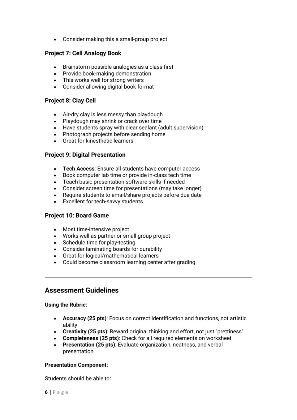 Tips for projects 7-10, from analogy book to board game, then rubric guidance with four 25-point assessment criteria