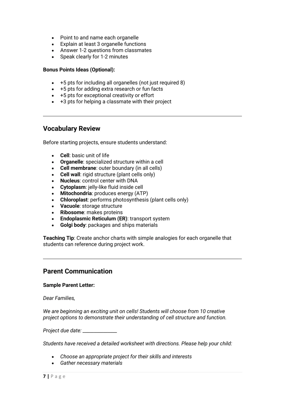 Organelle vocabulary review defining nucleus, mitochondria and more, plus bonus point ideas and a sample parent letter