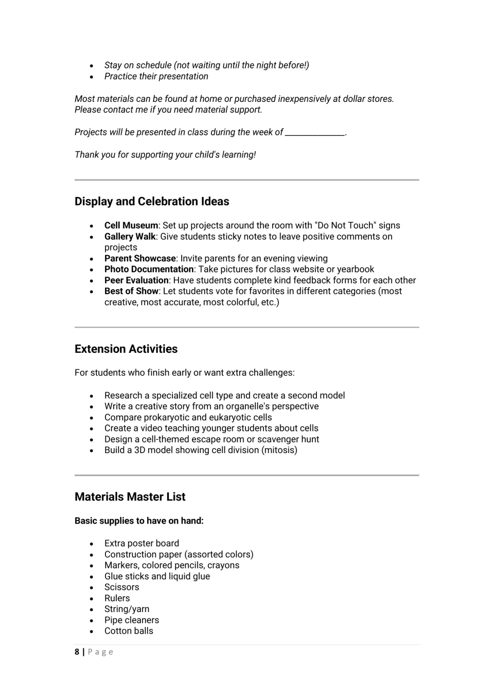 End of the parent letter, then display and celebration ideas, extension activities and a classroom materials master list