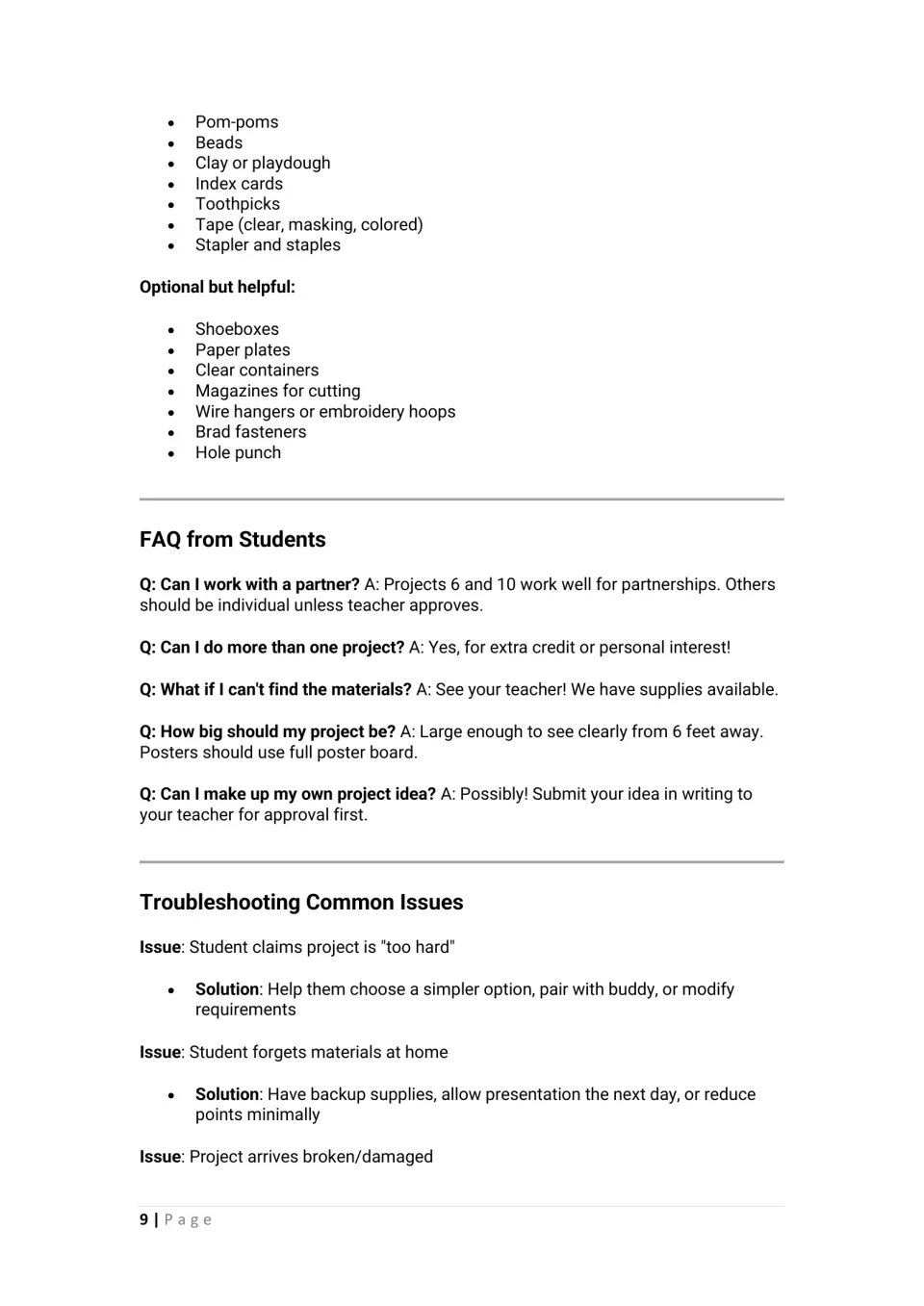 Materials list continued, a student FAQ on partners, size and own project ideas, and troubleshooting for common issues