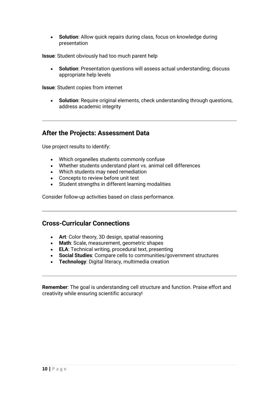 Troubleshooting solutions, assessment data to gather after the projects, and cross-curricular links from art to technology