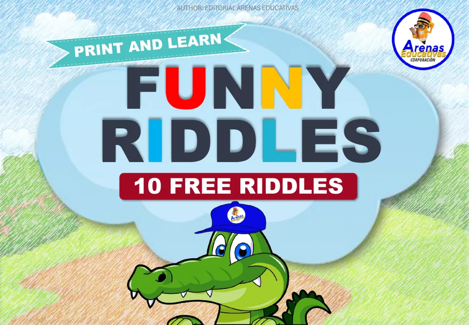 Funny Riddles cover: Print and Learn, 10 free riddles, with a cartoon crocodile in a cap and the Arenas Educativas logo