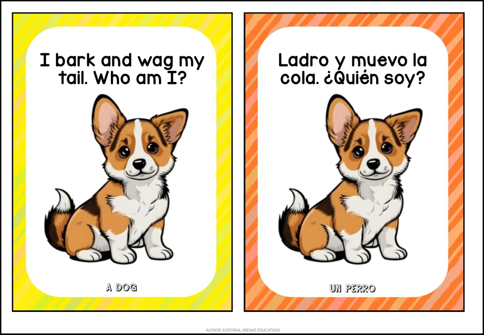 Dog riddle cards: I bark and wag my tail / Ladro y muevo la cola, with a corgi puppy; answer A dog / Un perro