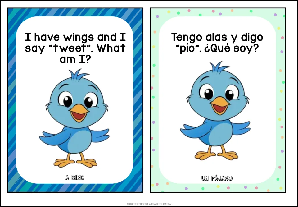 Bird riddle cards: I have wings and I say tweet / Tengo alas y digo pío, with a blue bird; answer A bird / Un pájaro