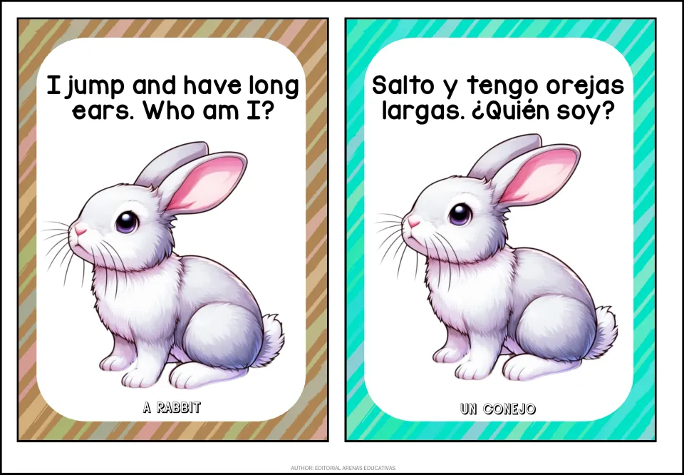 Rabbit riddle cards: I jump and have long ears / Salto y tengo orejas largas, with a bunny; answer A rabbit / Un conejo