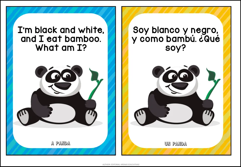 Panda riddle cards: I'm black and white, and I eat bamboo / Soy blanco y negro, y como bambú; answer A panda / Un panda