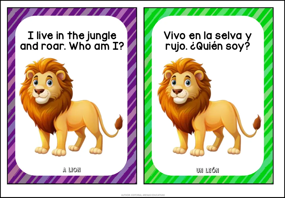 Lion riddle cards: I live in the jungle and roar / Vivo en la selva y rujo, with a lion; answer A lion / Un león