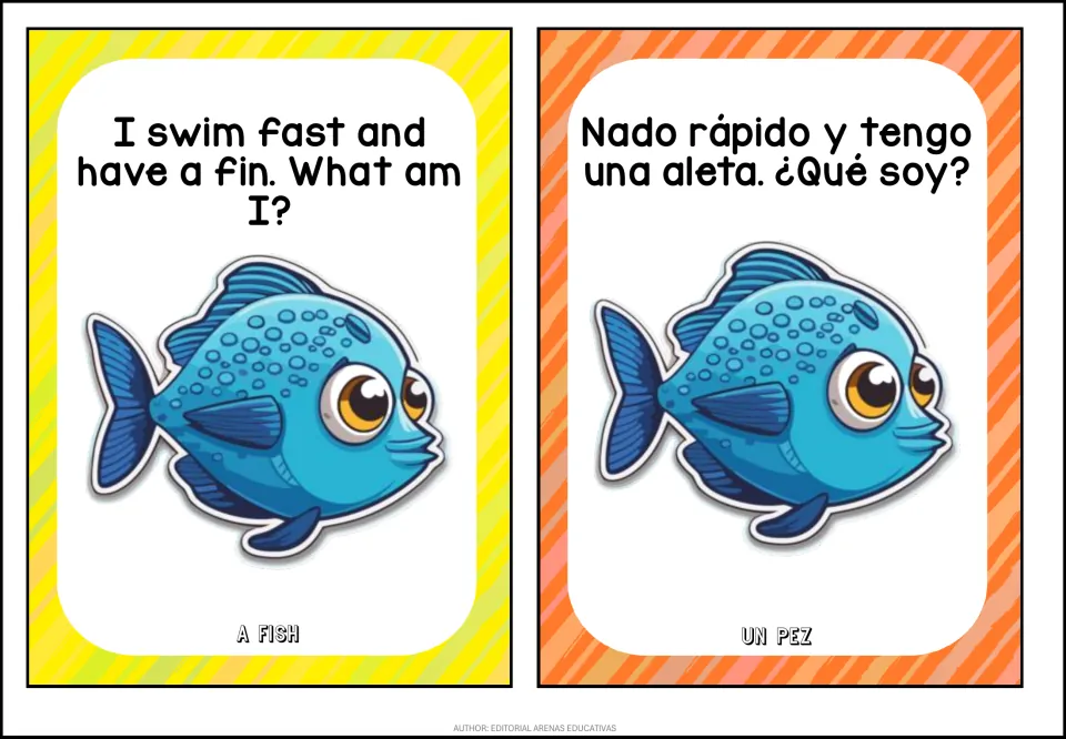 Fish riddle cards: I swim fast and have a fin / Nado rápido y tengo una aleta, with a fish; answer A fish / Un pez