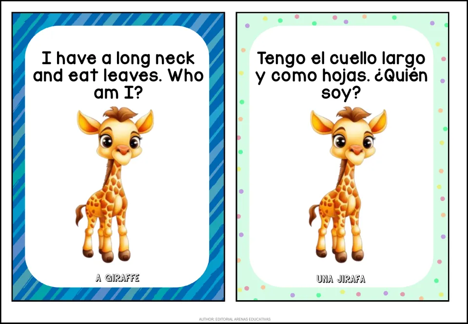 Giraffe riddle: I have a long neck and eat leaves / Tengo el cuello largo y como hojas; answer A giraffe / Una jirafa