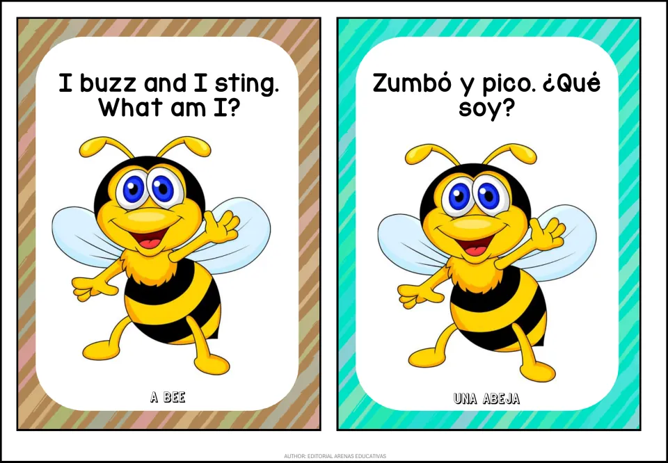 Bee riddle cards: I buzz and I sting. What am I? / Zumbó y pico. ¿Qué soy?, with a bee; answer A bee / Una abeja