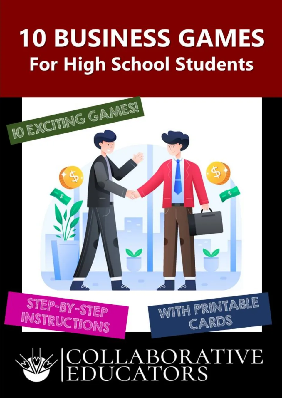 Cover of 10 Business Games for High School Students, advertising instructions and printable cards