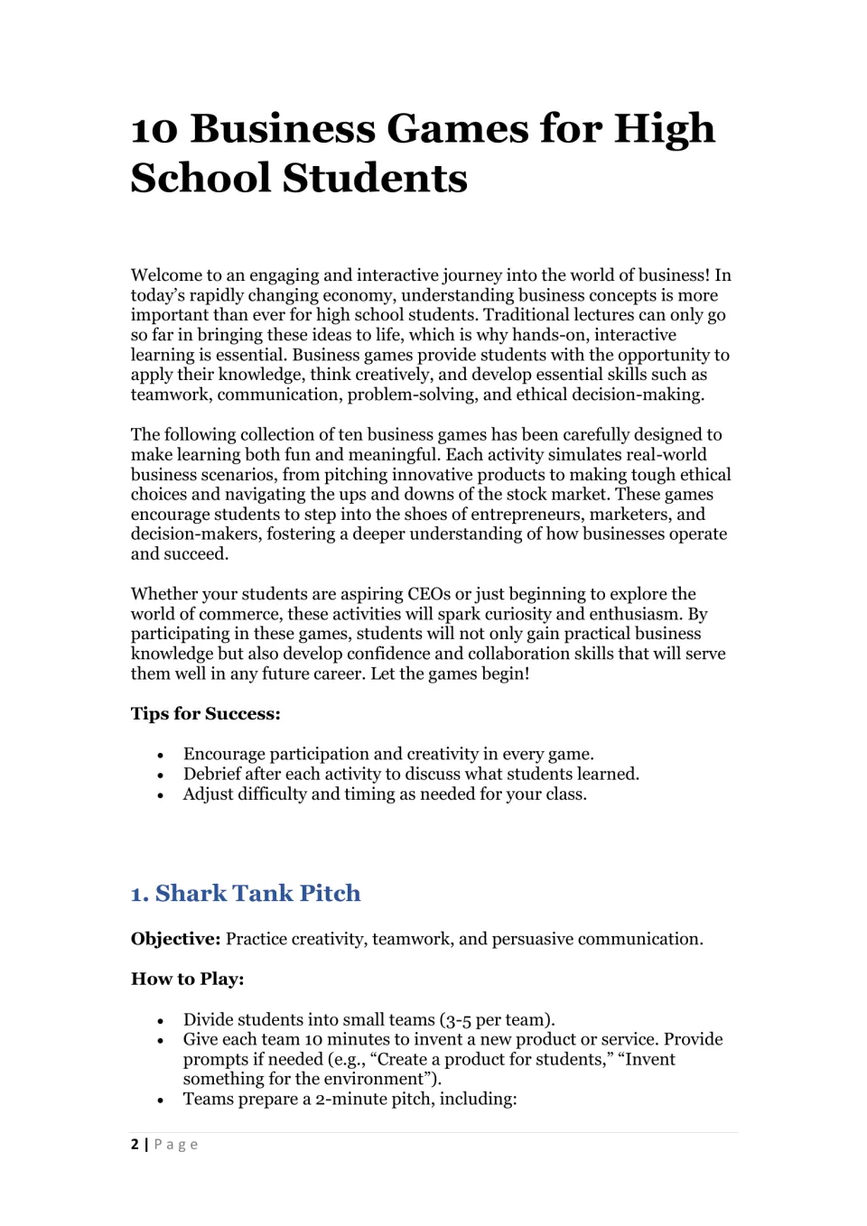 Business games introduction, teacher tips, and Shark Tank Pitch instructions for inventing a product