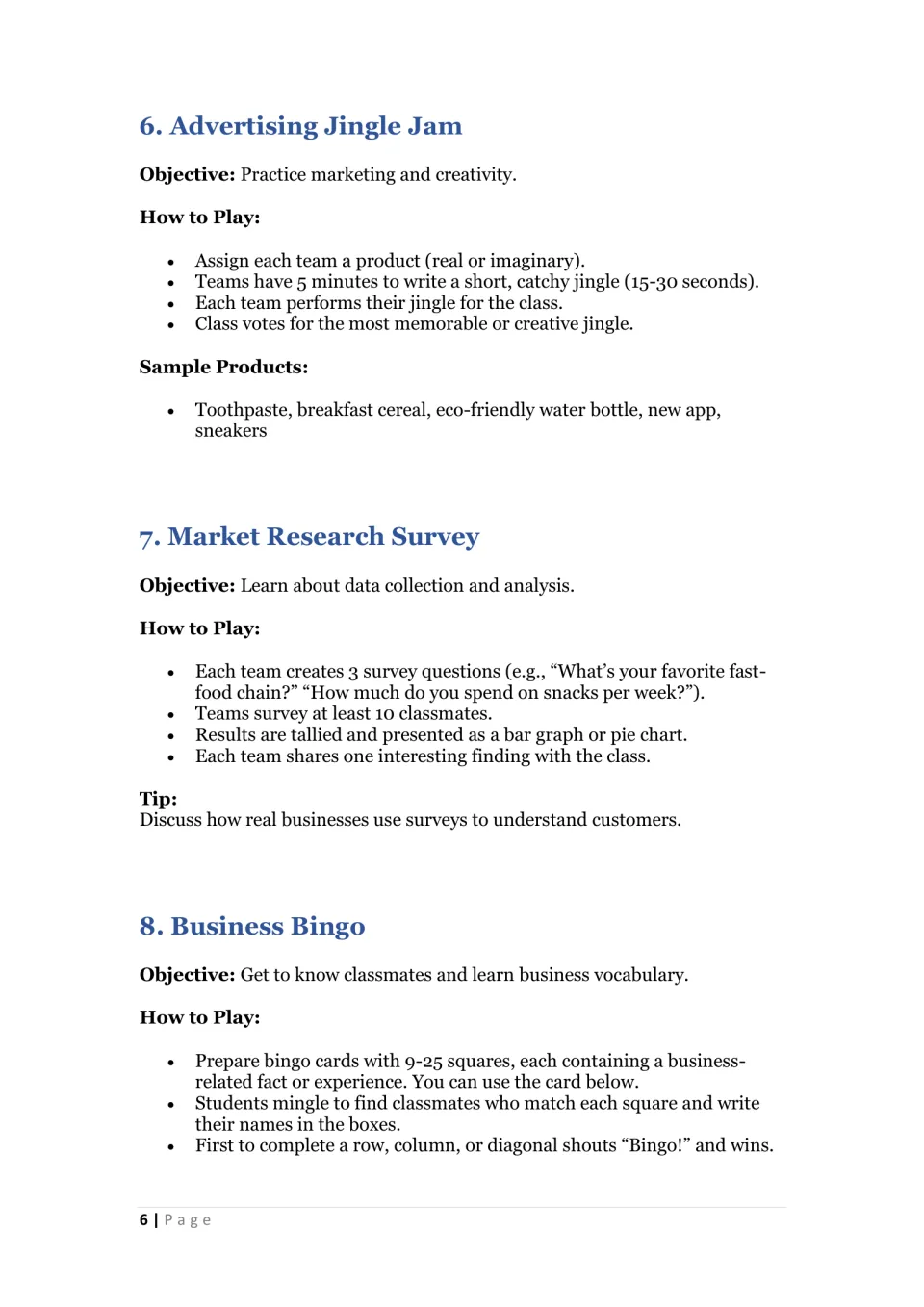 Instructions for Advertising Jingle Jam, Market Research Survey, and Business Bingo, games 6–8 in the set