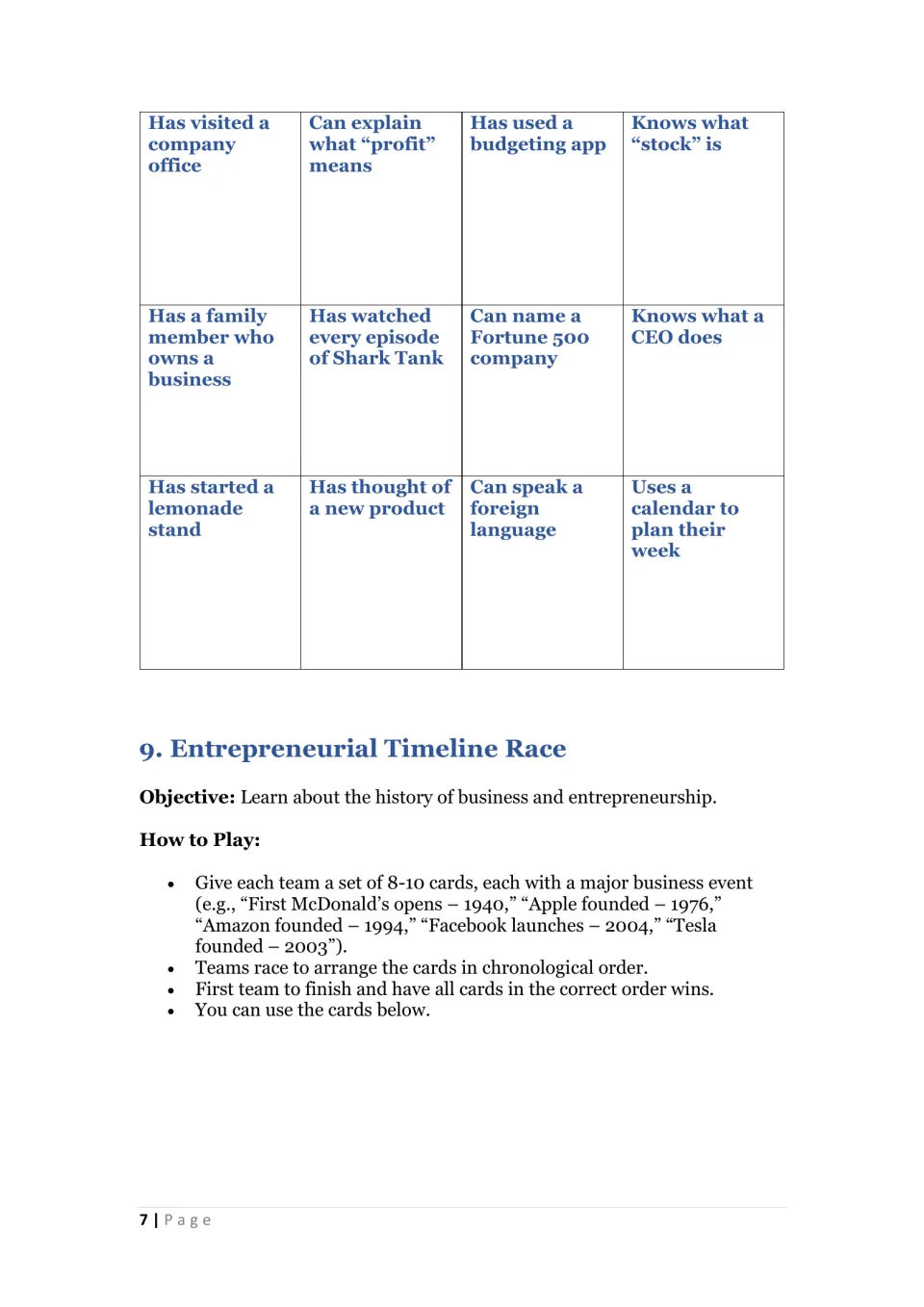 Business Bingo card with 12 classmate prompts, followed by Entrepreneurial Timeline Race instructions