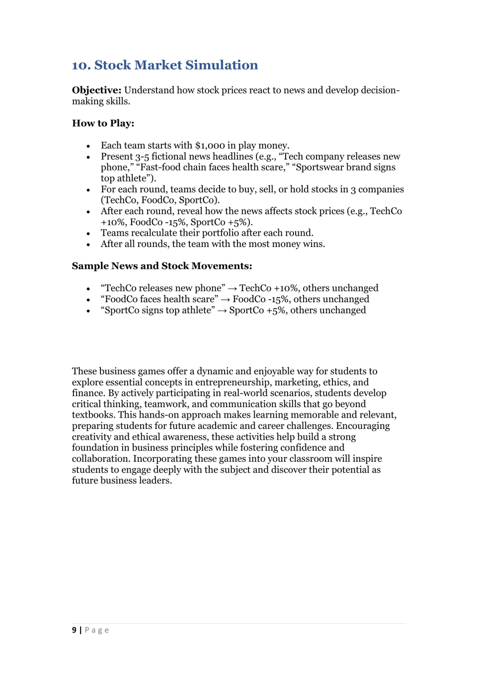Stock Market Simulation instructions start teams with $1,000 in play money and give sample stock price changes