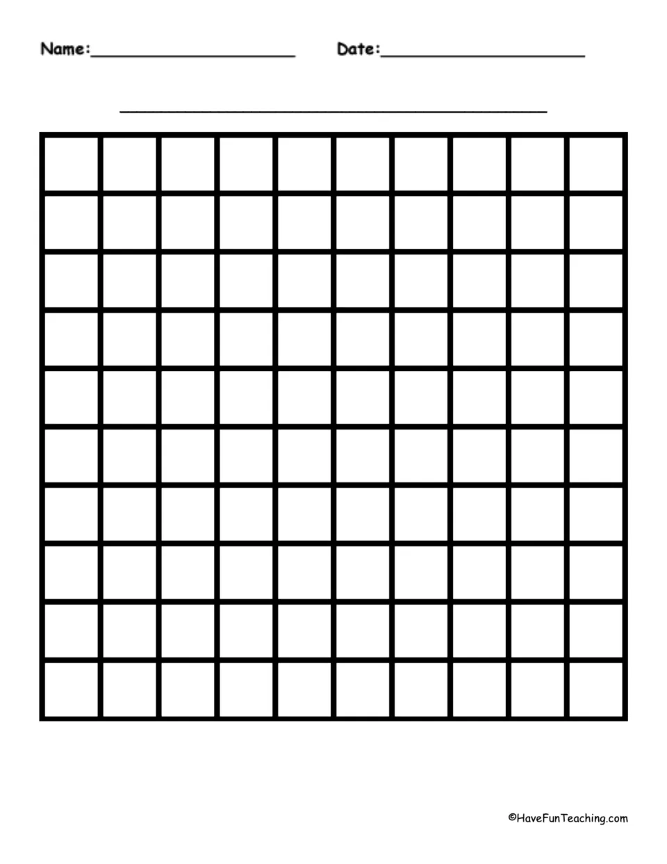 Unlabeled 10 by 10 graph paper: 100 blank squares with name, date and title lines for students to draw or plot on