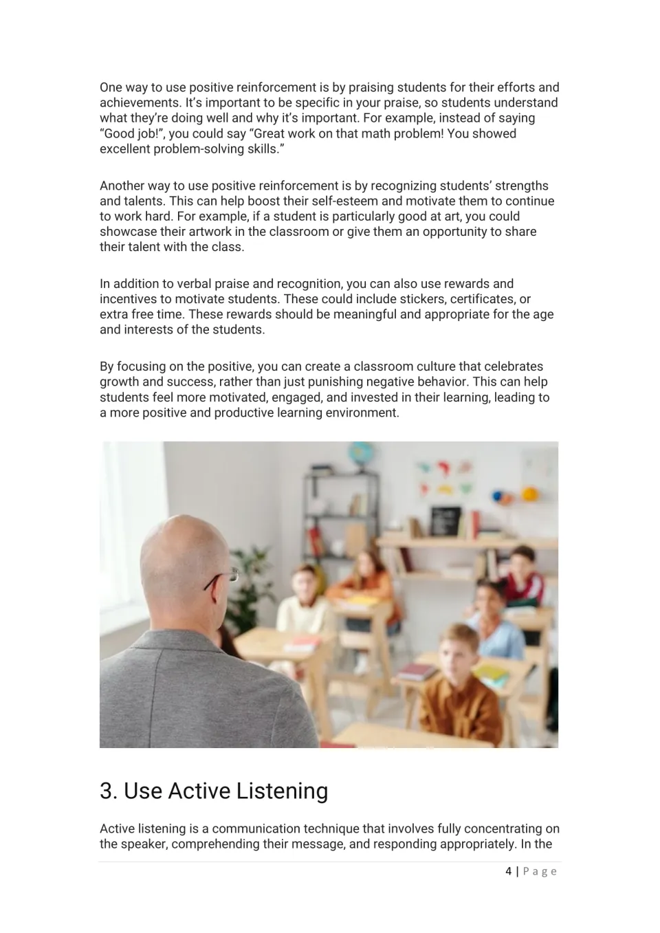 Positive reinforcement tips: specific praise, showcasing talents, stickers and certificates; photo of a teacher and class
