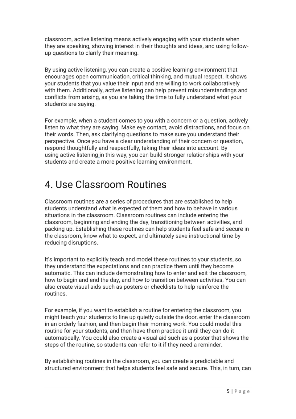 Active listening with students via eye contact and clarifying questions; technique 4 on modeling class routines
