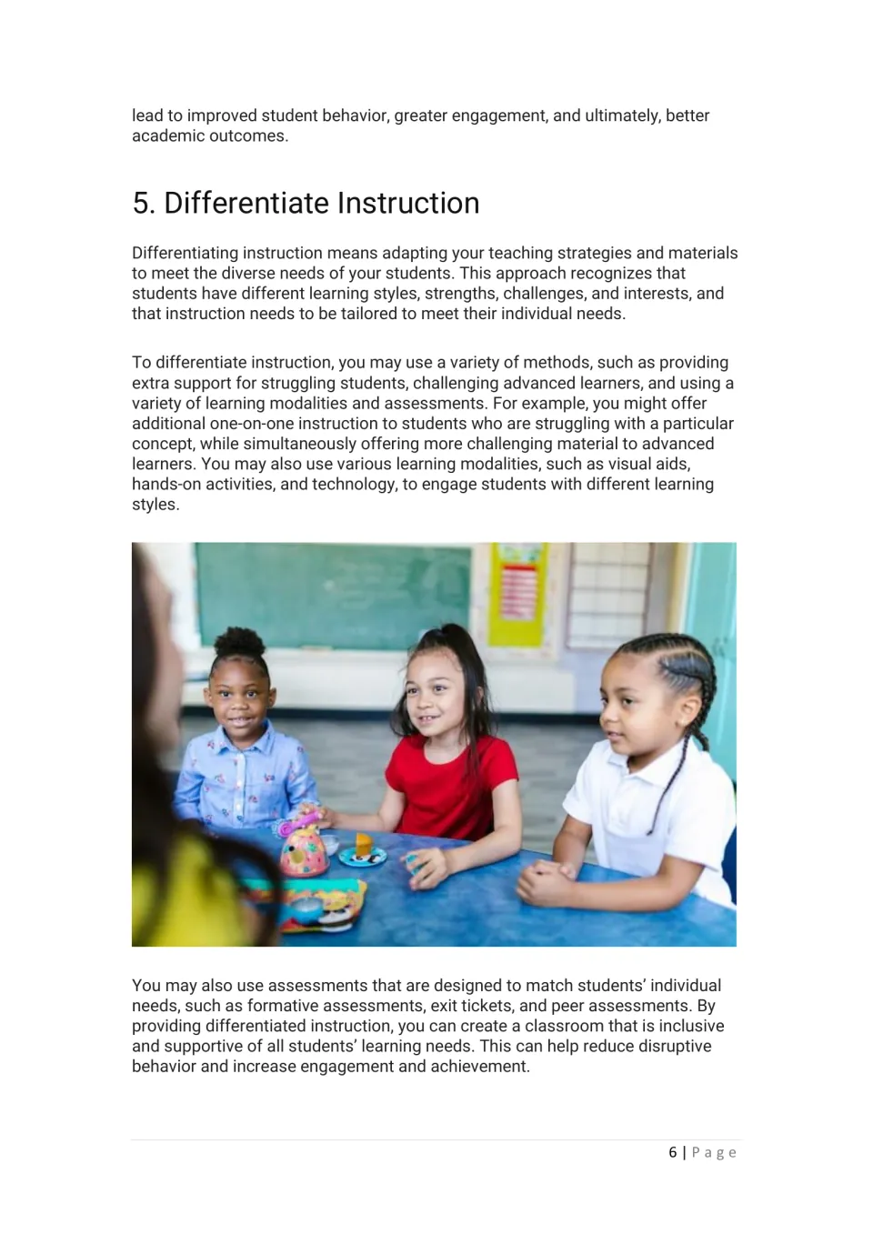 Technique 5, differentiate instruction: extra support, advanced challenge, exit tickets; photo of three girls at a table