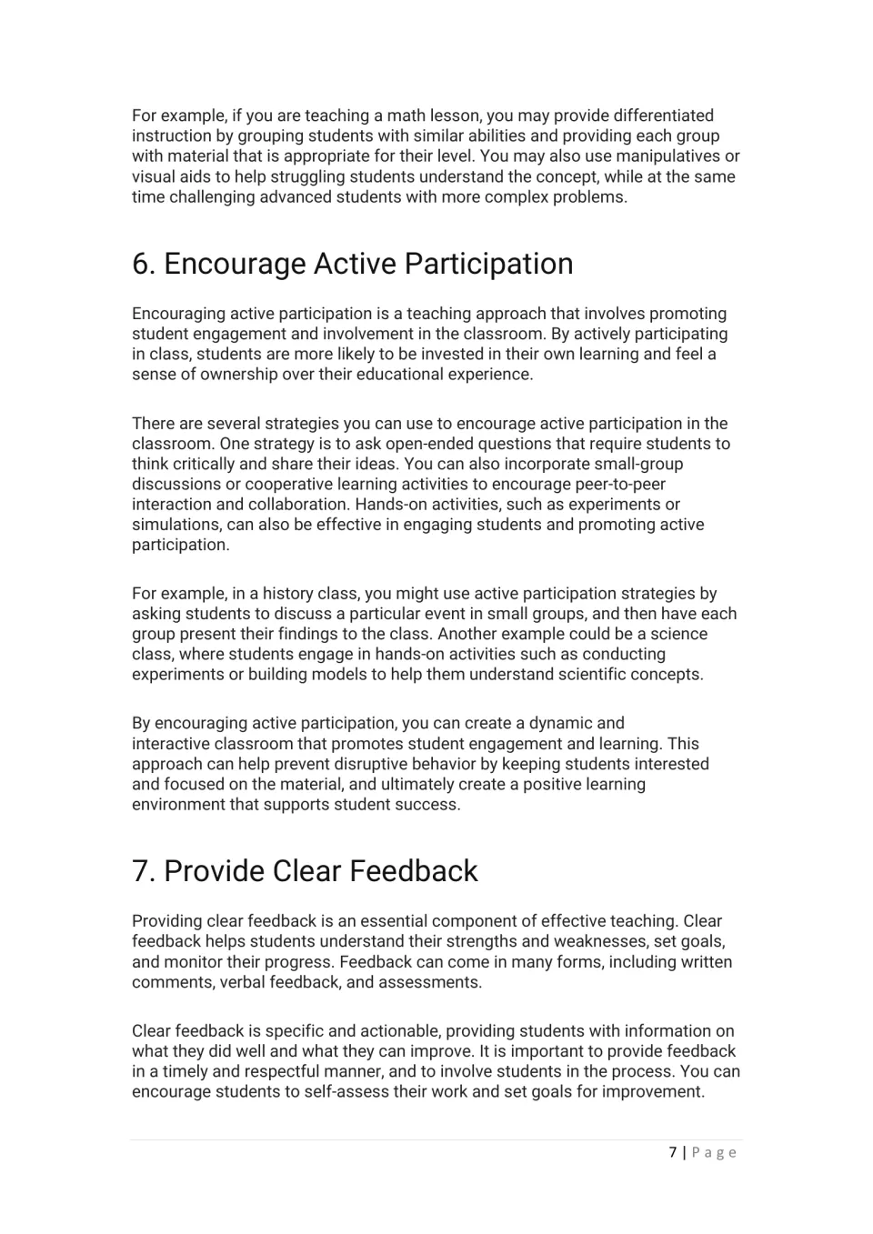 Grouped math lesson example, then technique 6 on open-ended questions and small groups and technique 7 on clear feedback