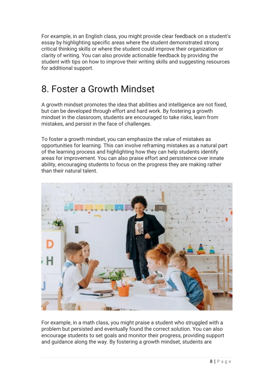 Essay feedback example, then technique 8 on fostering a growth mindset by praising effort; photo of teacher and kids
