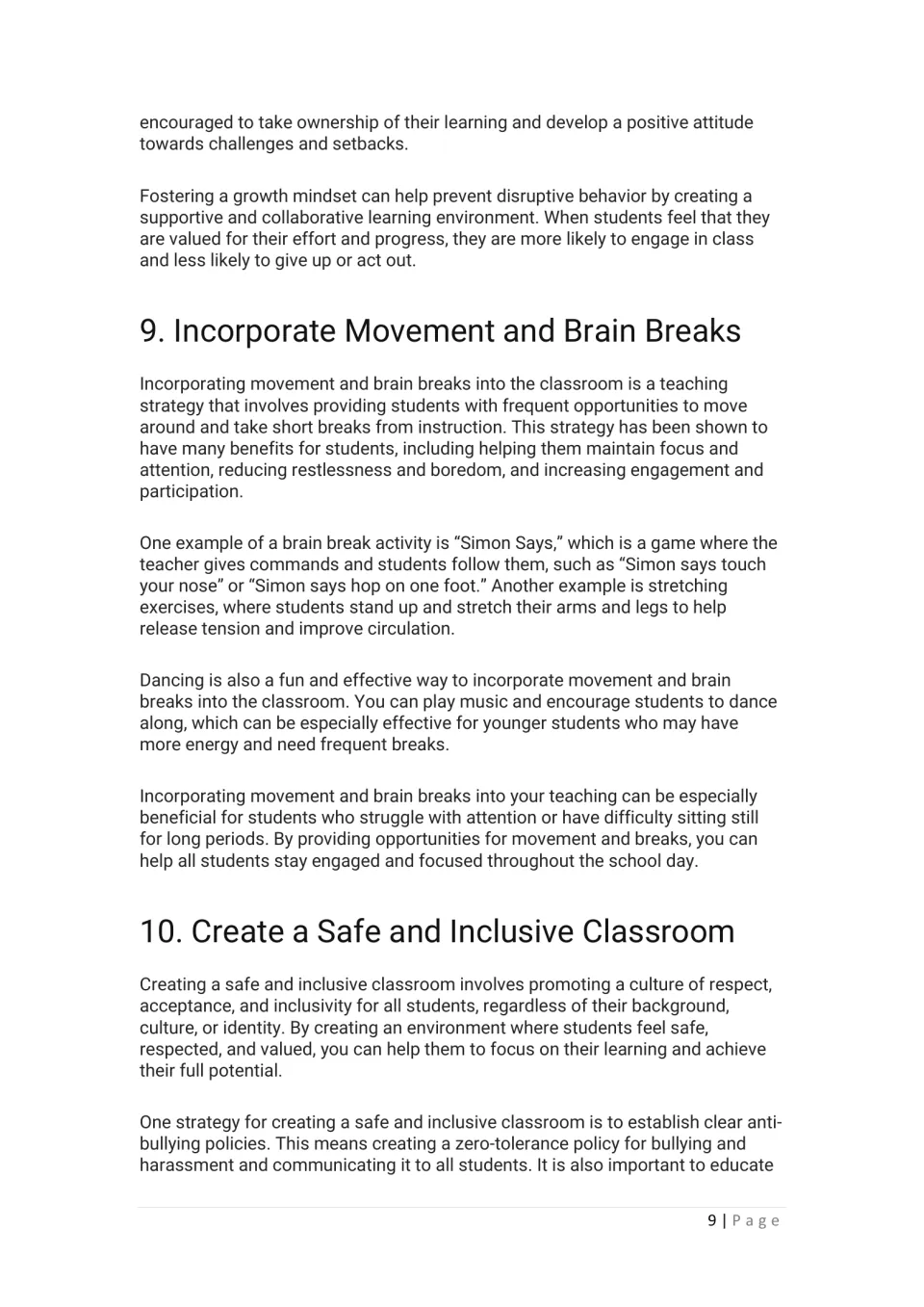 Technique 9 on movement and brain breaks like Simon Says, stretching and dancing; technique 10 opens on anti-bullying