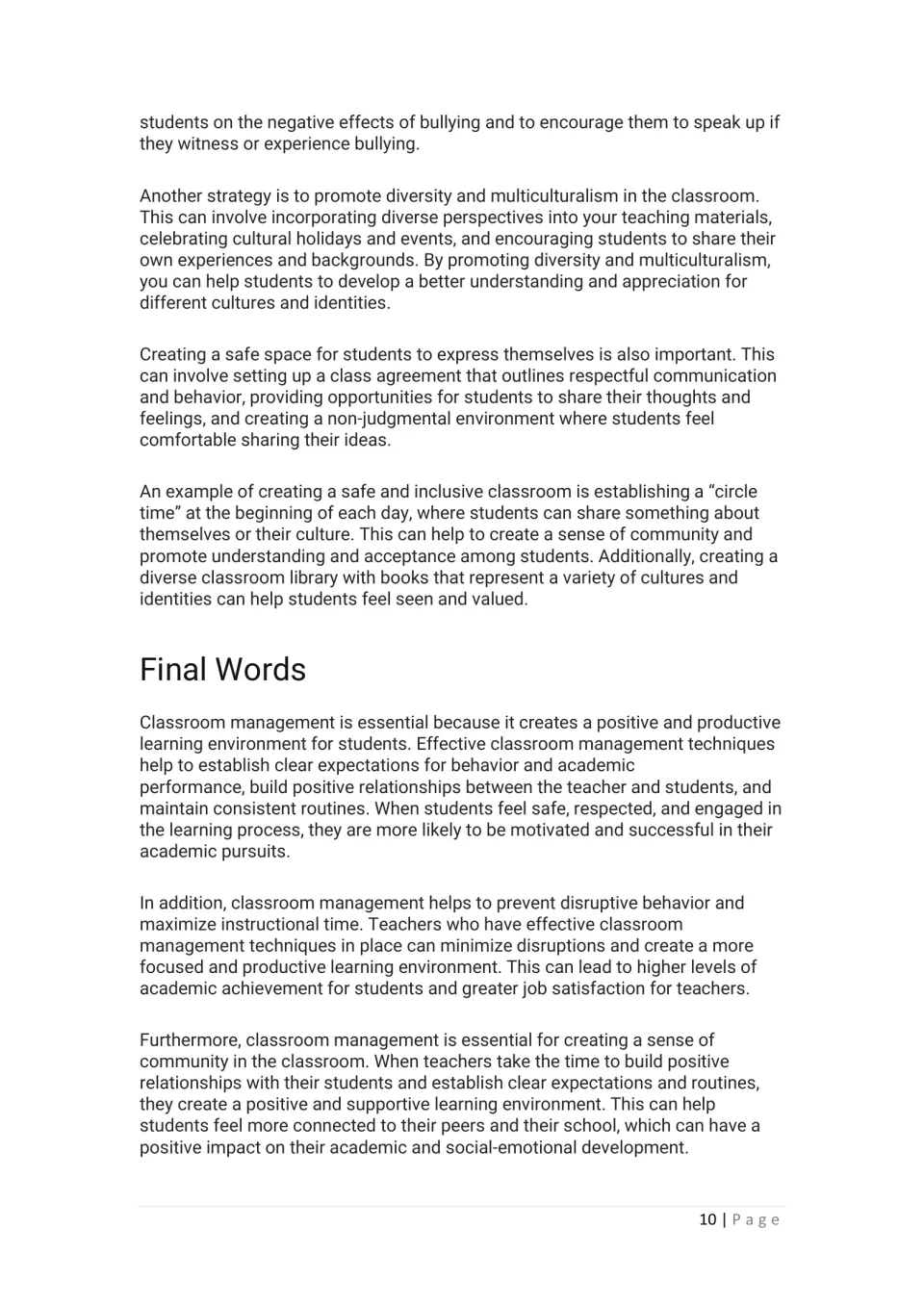 Safe, inclusive classroom ideas such as circle time, class agreements and a diverse library, then a Final Words summary