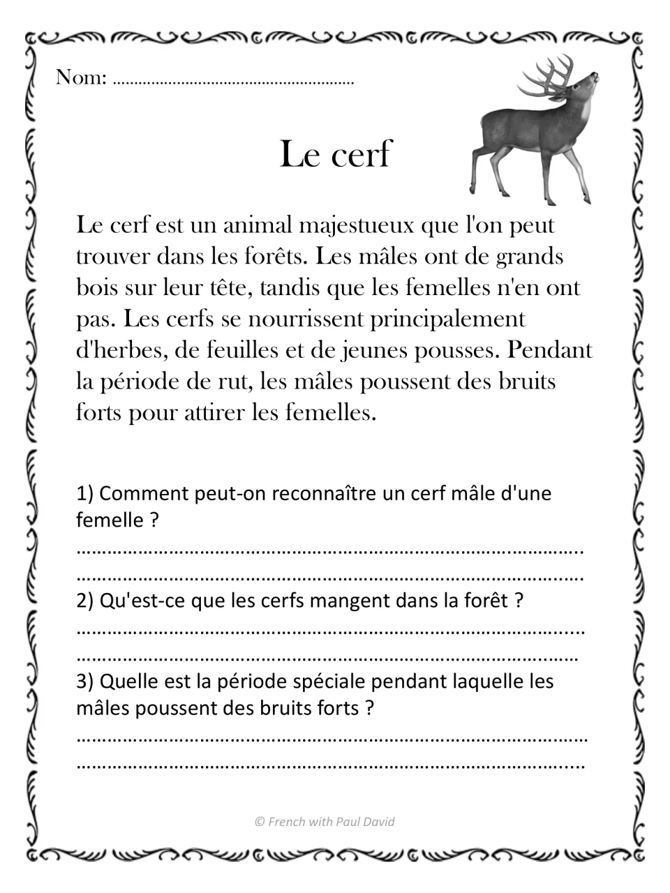French reading passage Le cerf (deer), with three questions about antlers, food, and the rutting season