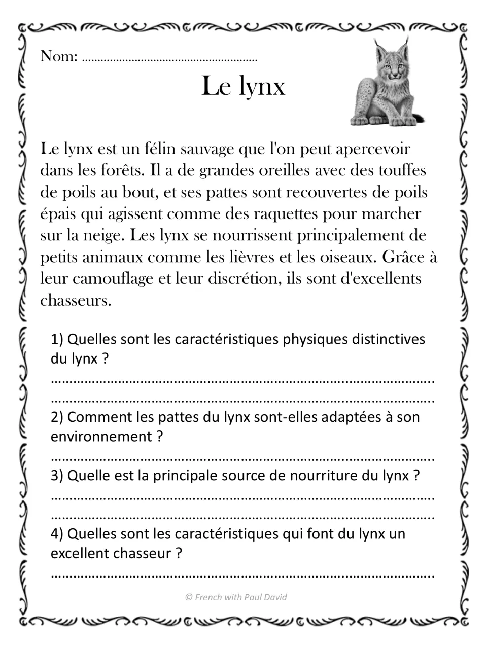 French reading passage Le lynx (lynx), with four questions about physical traits, snowy habitats, and hunting