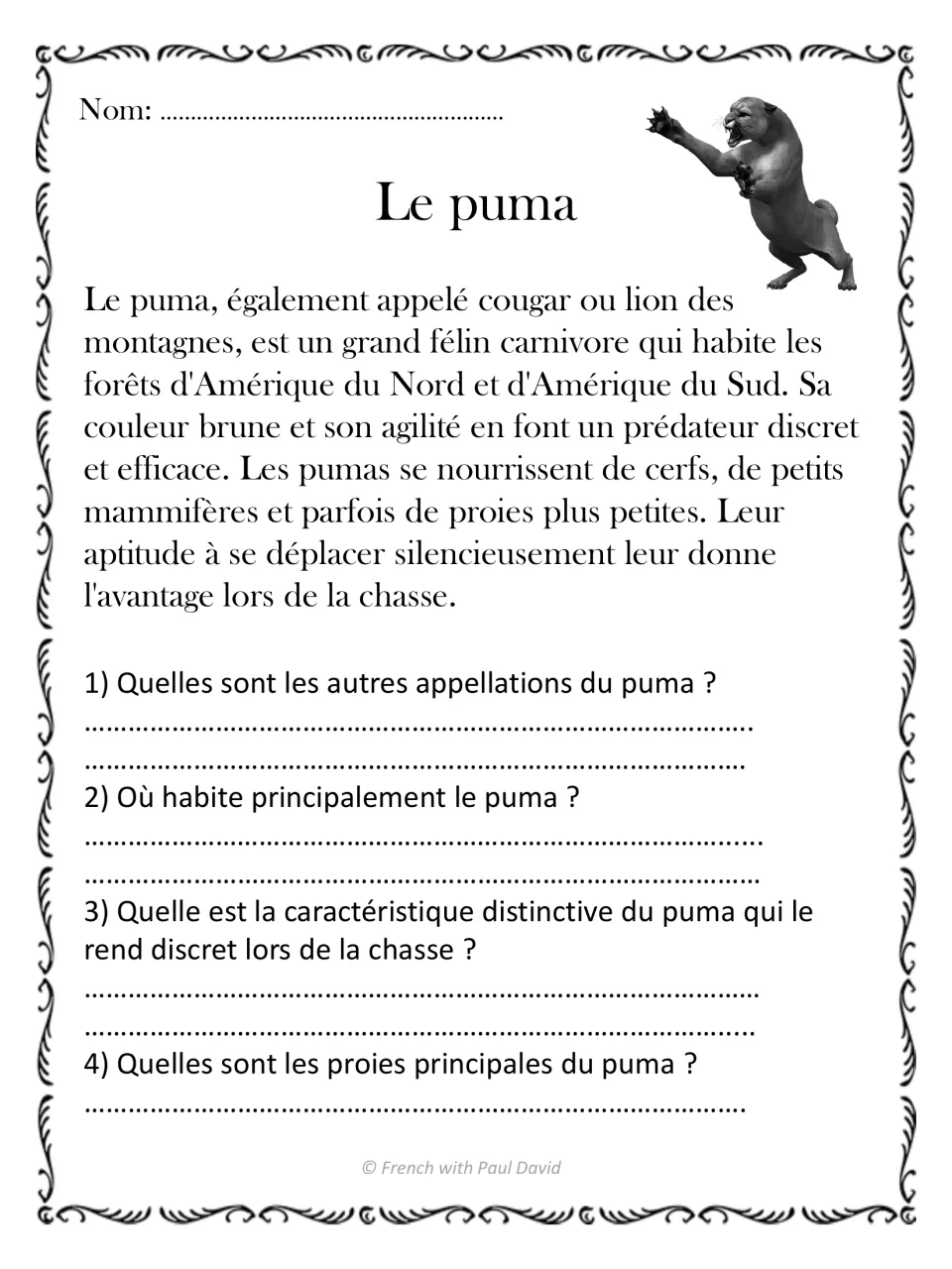 French reading passage Le puma (cougar), with four questions about other names, habitat, stealth, and prey