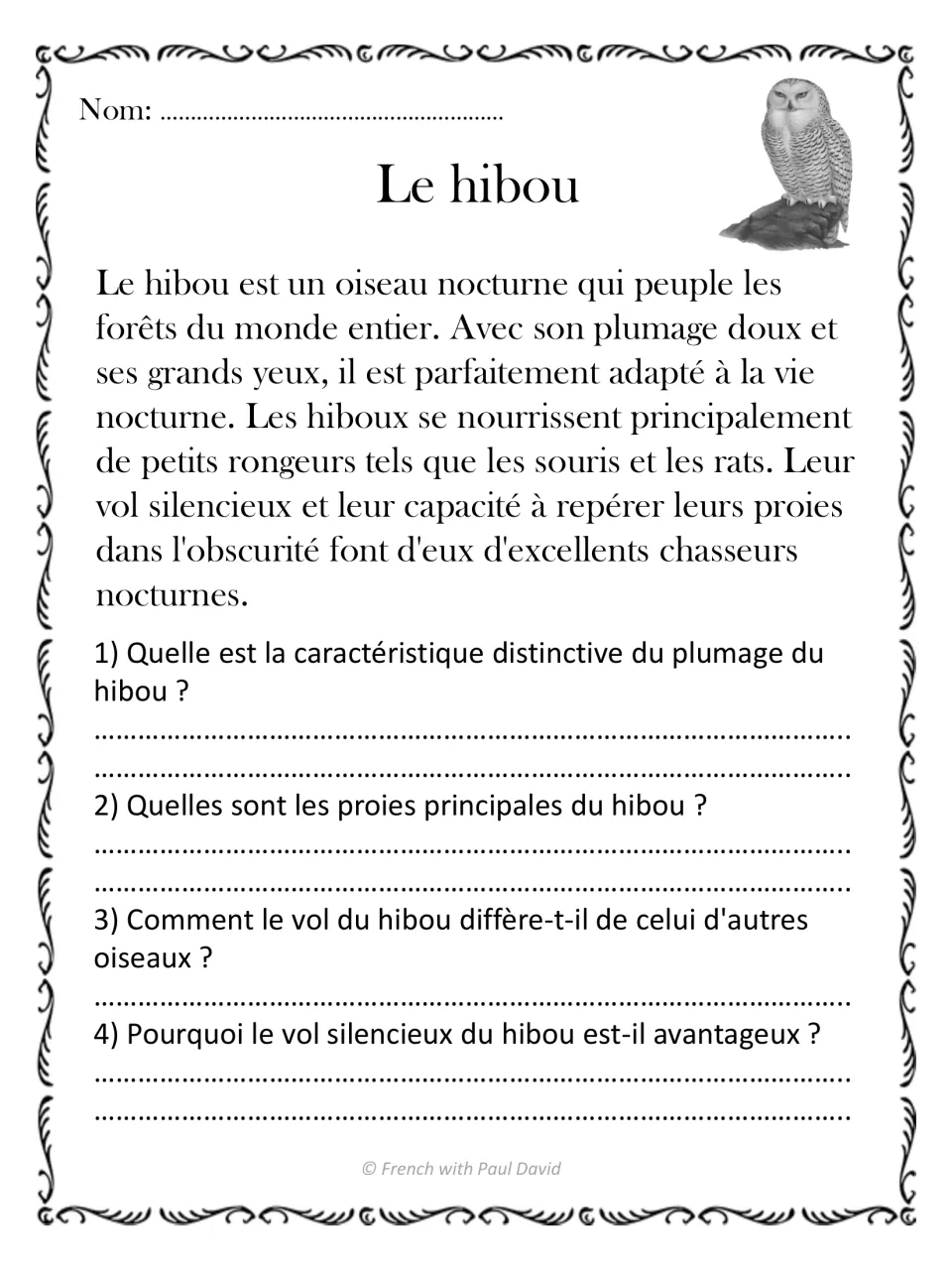 French reading passage Le hibou (owl), with four questions about soft plumage, prey, and silent flight