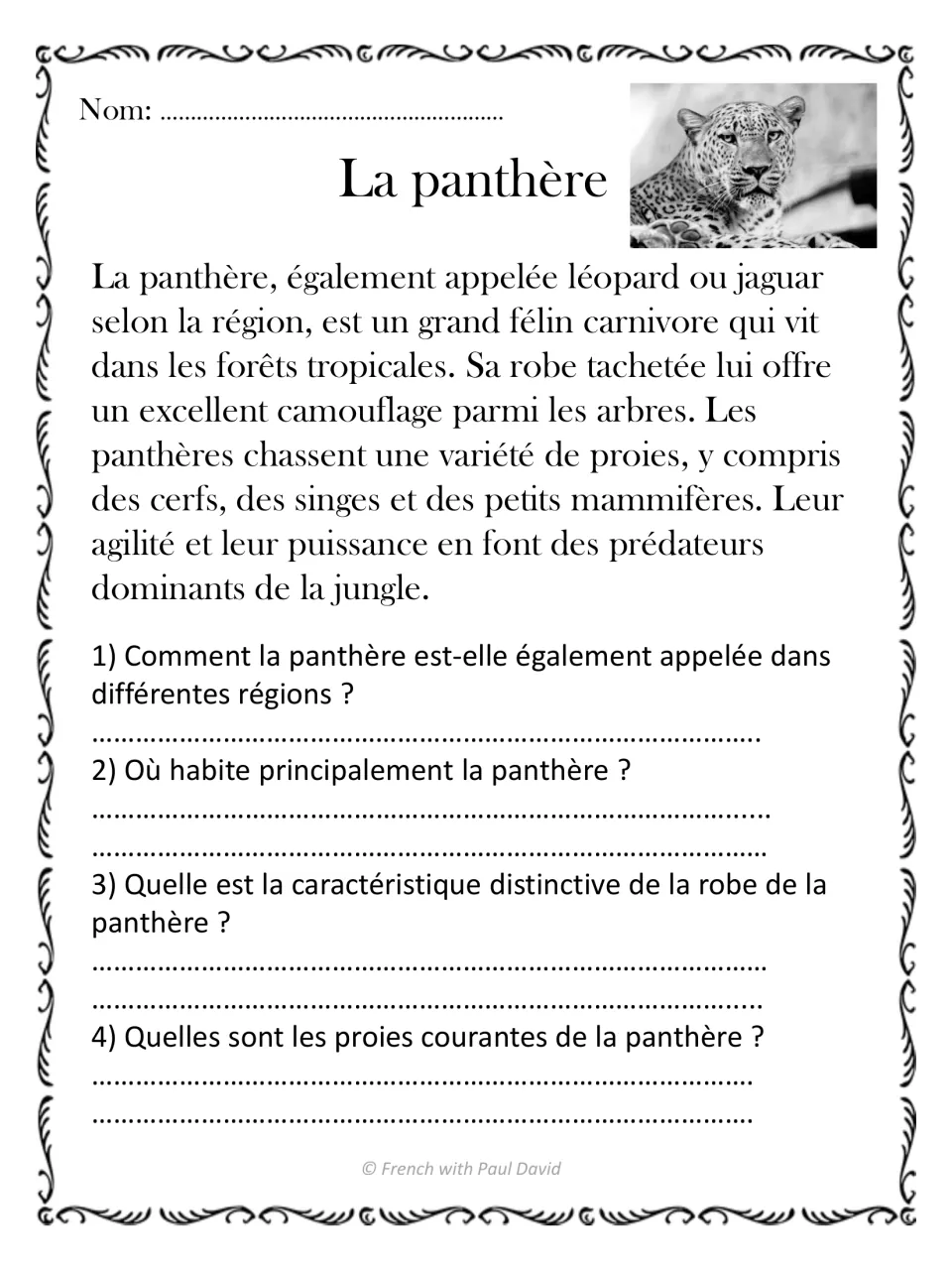 French reading passage La panthère (panther), with four questions about names, habitat, spotted fur, and prey
