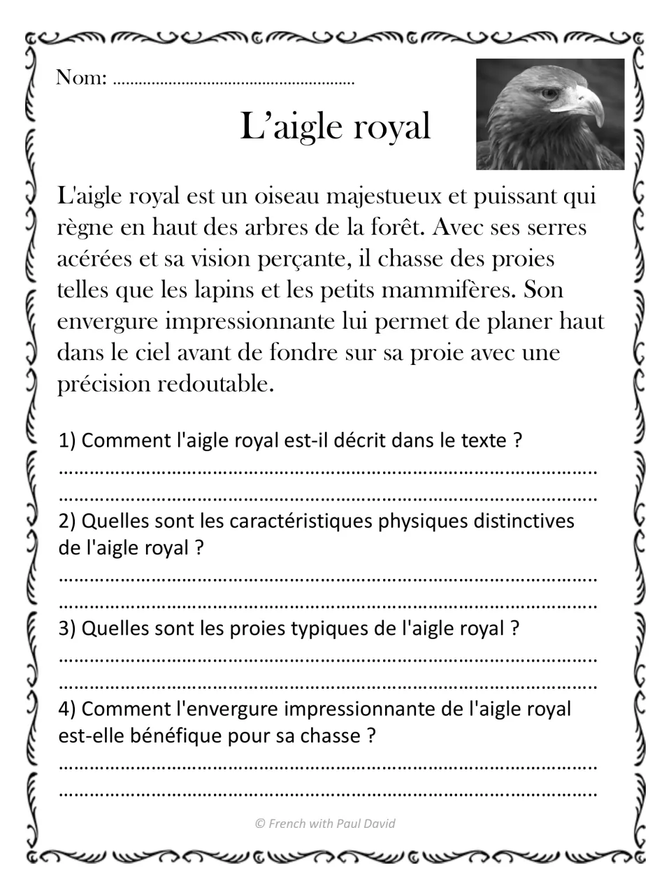 French reading passage L’aigle royal (golden eagle), with four questions about traits, prey, and wingspan