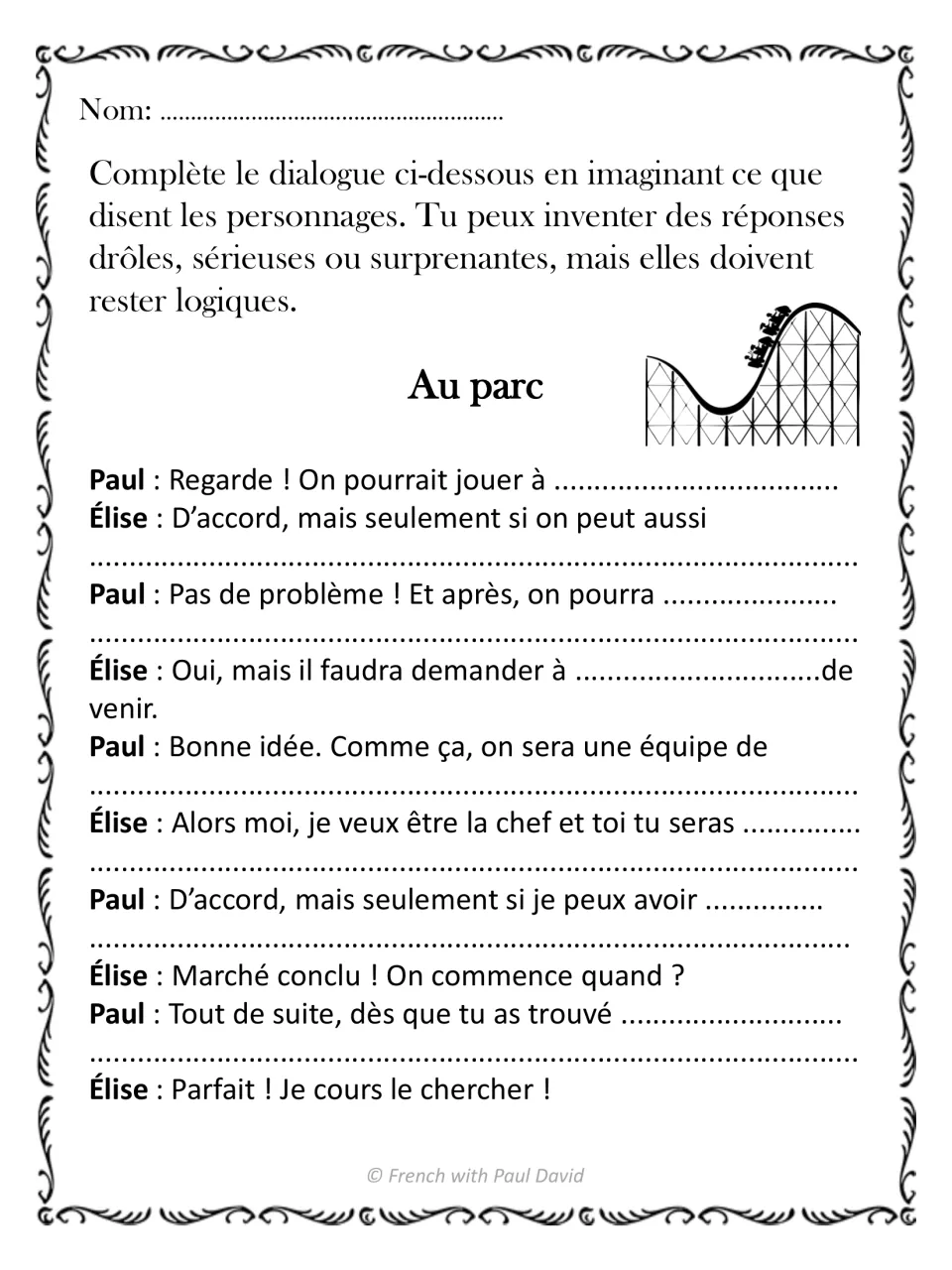 Au parc: students invent how Paul and Élise plan games at the park, adding conditions with seulement si and team roles