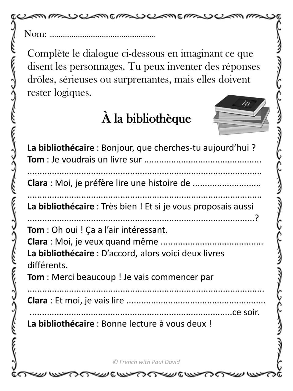 À la bibliothèque: students complete what Tom and Clara ask the librarian for and which books they choose to read