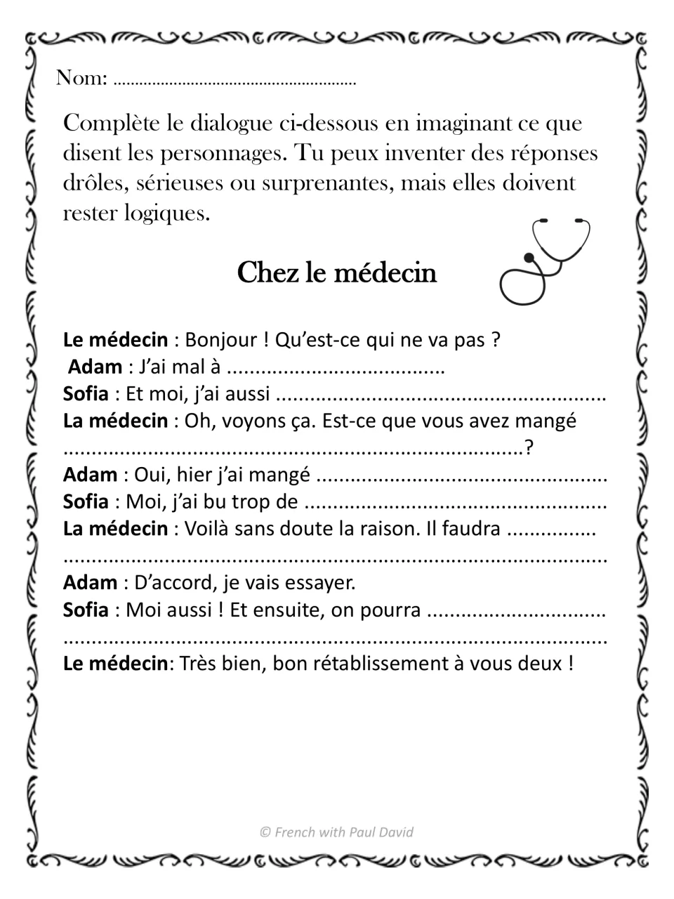 Chez le médecin: students fill in Adam and Sofia's symptoms with j'ai mal à, what they ate, and the doctor's advice