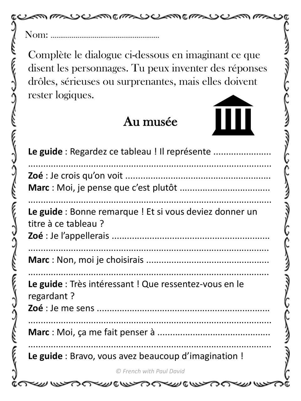 Au musée: students write what Zoé and Marc see in a painting, the title they would give it and how it makes them feel