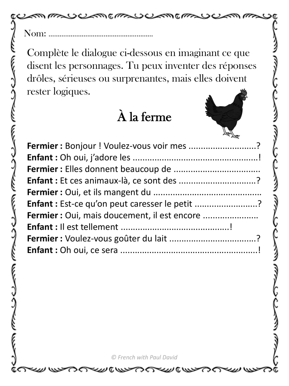 À la ferme: students complete a farmer and child's exchange about farm animals, what they eat, a baby animal and milk