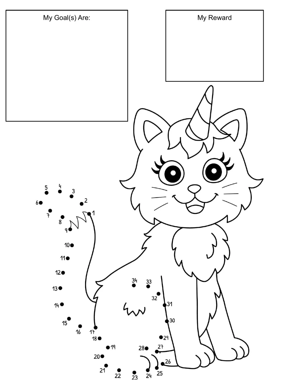 Unicorn cat dot to dot behaviour chart: students write goals and a reward, then connect dots 1 to 34 to finish the tail