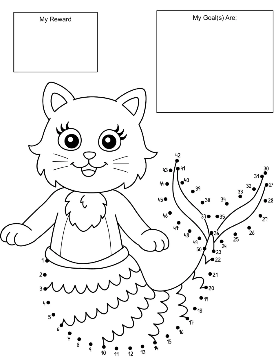 Mermaid cat dot to dot behaviour chart: students list goals and a reward, then join dots 1 to 50 to complete the fish tail