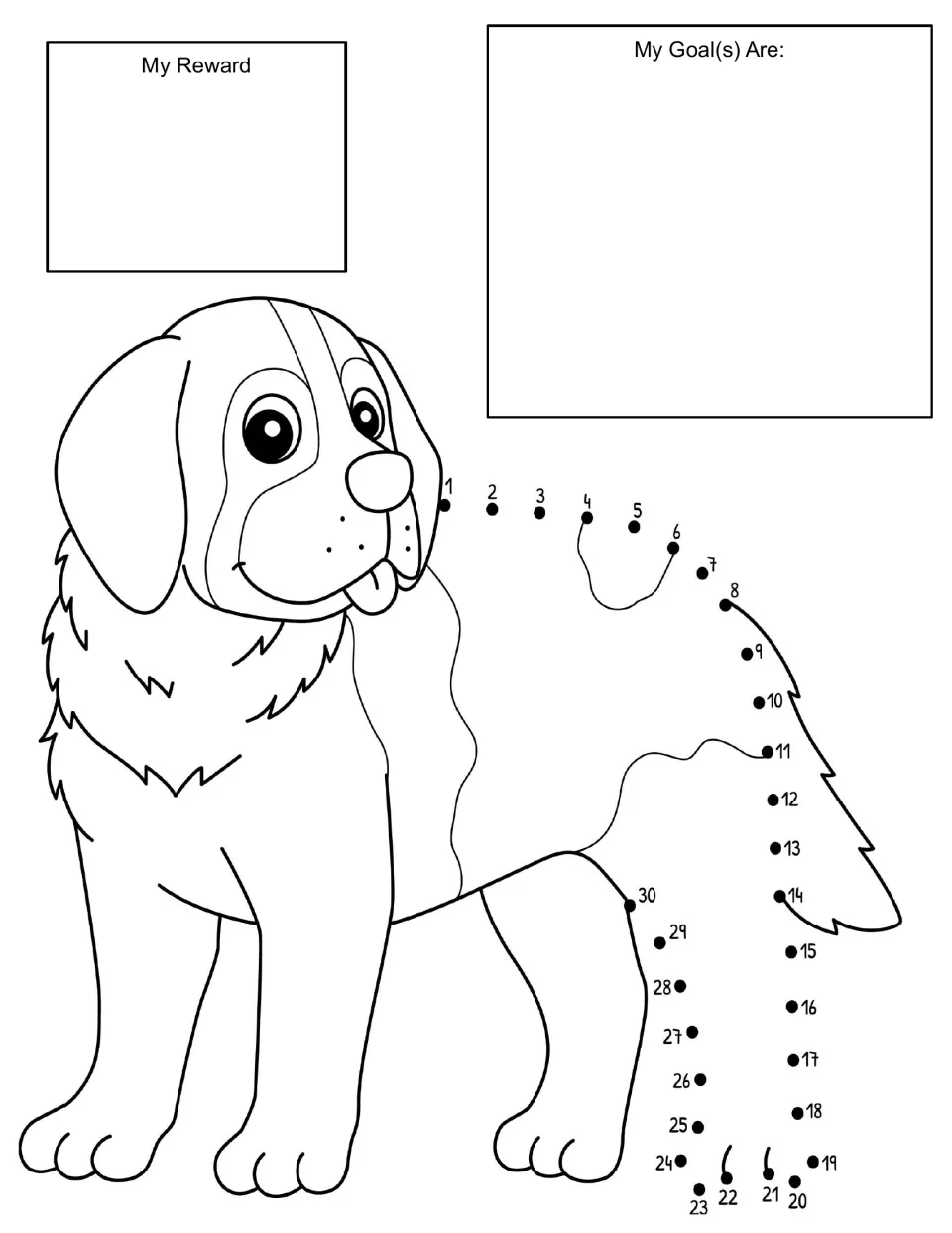 Puppy dot to dot behaviour chart: students record a reward and goals, then connect dots 1 to 30 to draw the back and tail